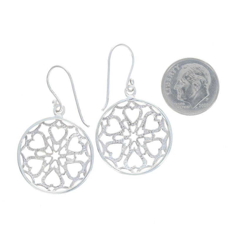 Women's Sterling Silver Floral Lace Heart Medallion Dangle Earrings -925 Circles Pierced For Sale