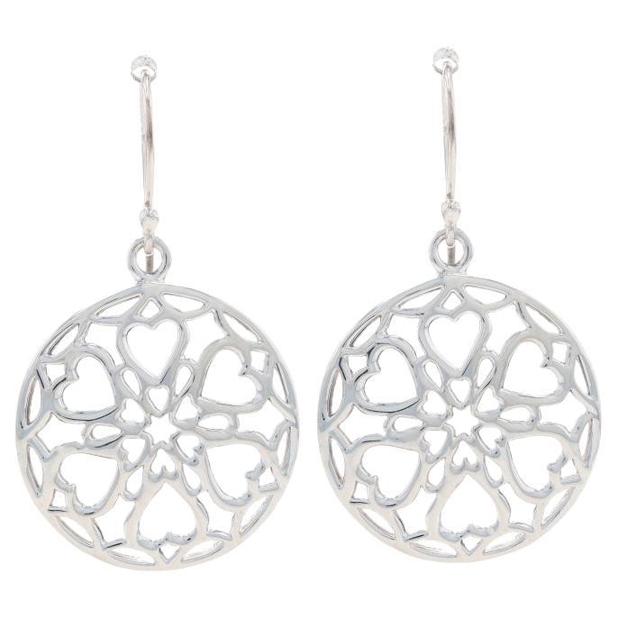 Sterling Silver Floral Lace Heart Medallion Dangle Earrings -925 Circles Pierced For Sale