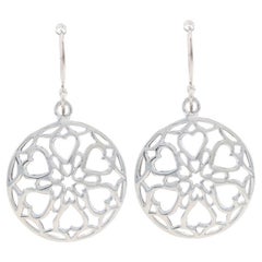 Sterling Silver Floral Lace Heart Medallion Dangle Earrings -925 Circles Pierced