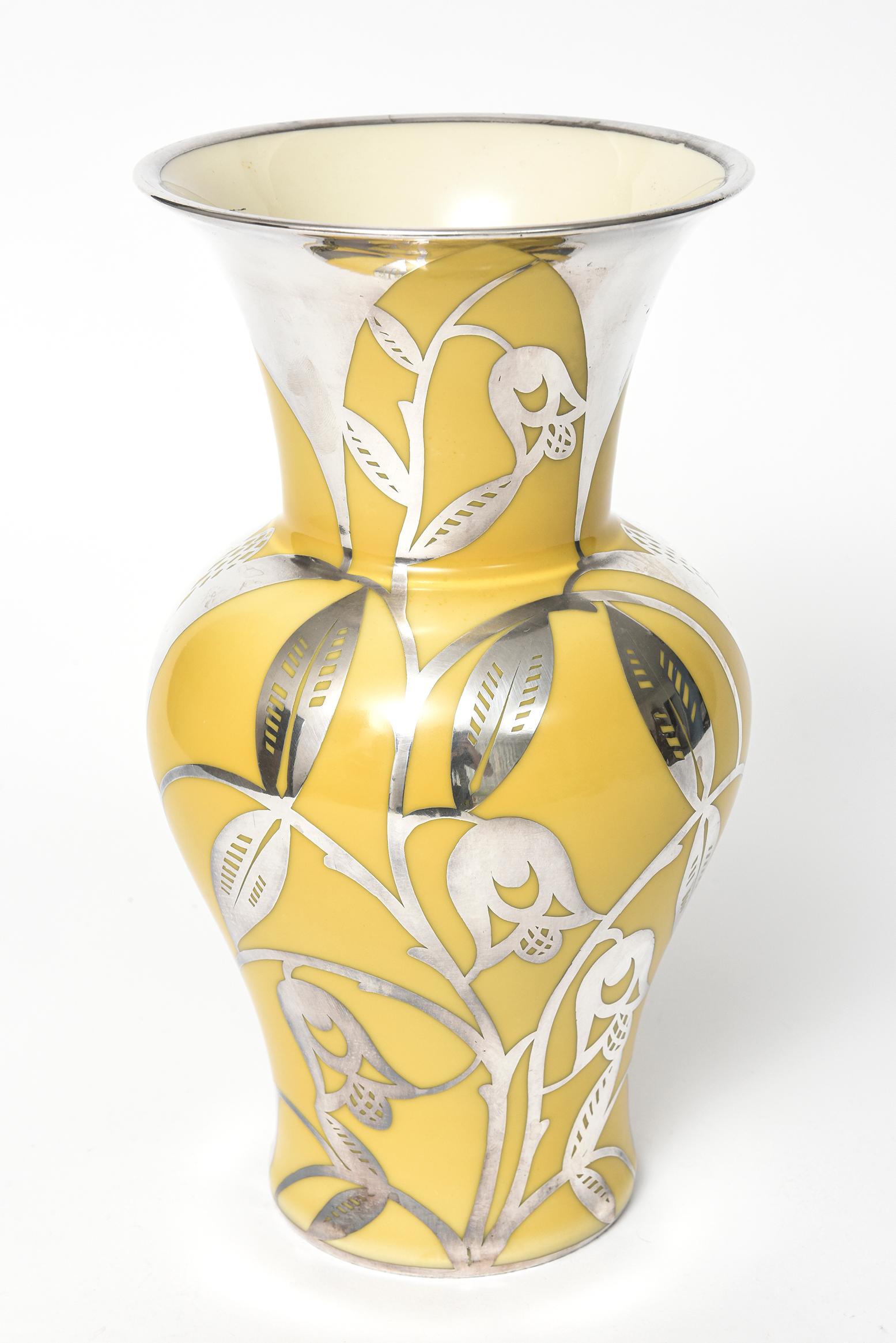 German Sterling Silver Floral Overlay Yellow Porcelain Vase by Thomas Ivory For Sale