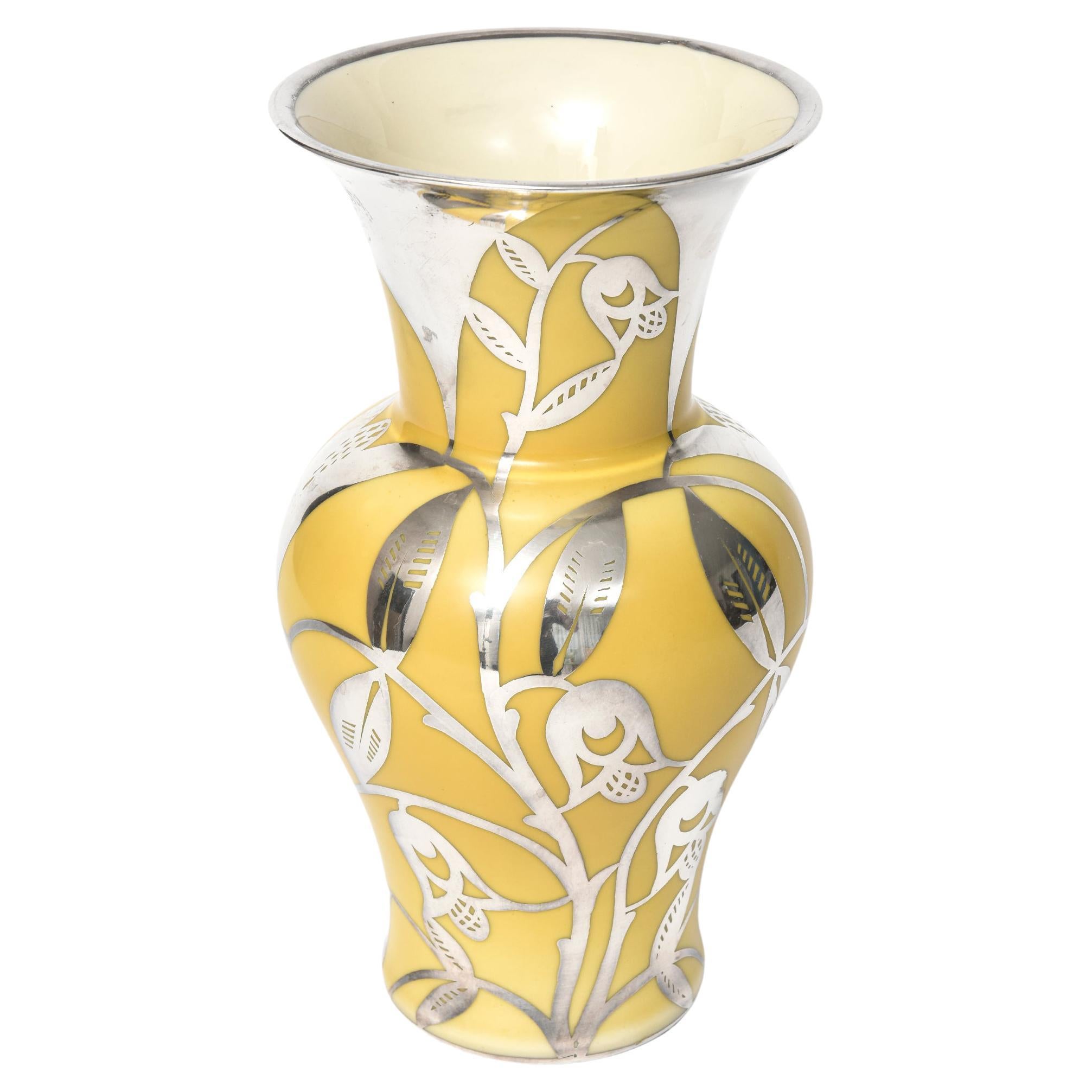Sterling Silver Floral Overlay Yellow Porcelain Vase by Thomas Ivory For Sale
