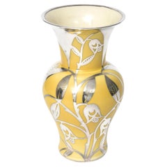 Sterling Silver Floral Overlay Yellow Porcelain Vase by Thomas Ivory