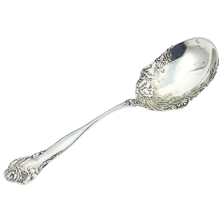 Sterling Silver Floral Repousse Berry Spoon For Sale