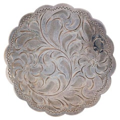 Sterling Silver Floral Scallop Circle Brooch - 925 Medallion Pin