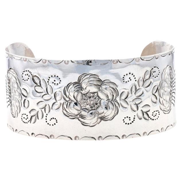 Sterling Silver Flower Garland Handmade Cuff Bracelet 7 1/2" - 925 Botanical