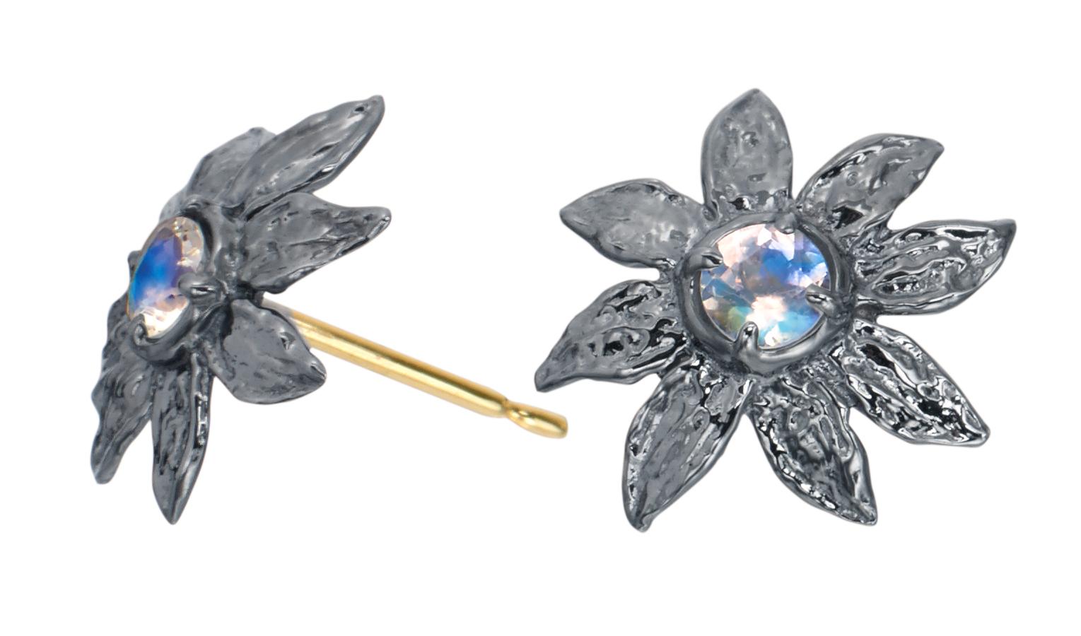 Round Cut Sterling Silver Flower Stud Earrings with Moonstones with 14 Karat Gold Post For Sale