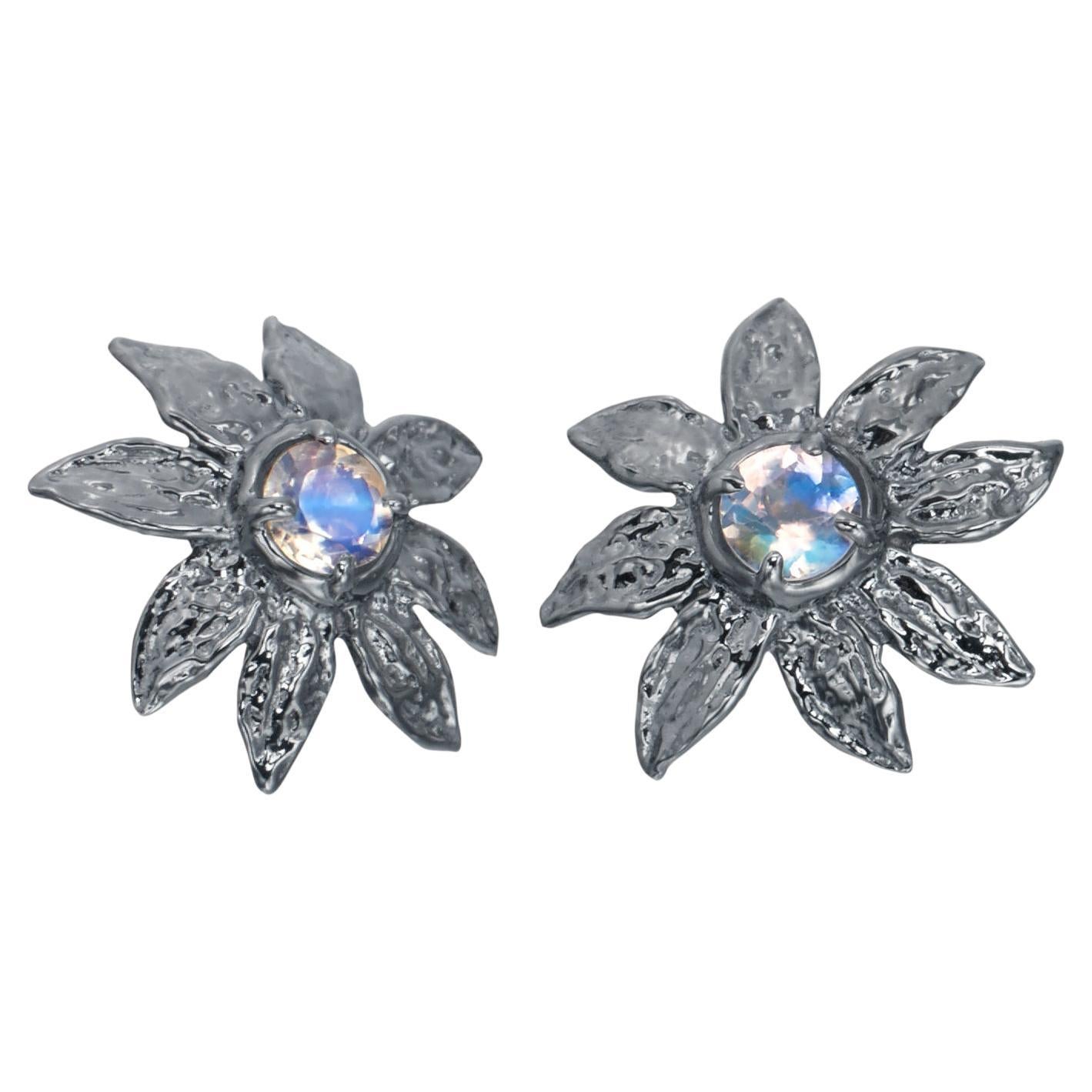 Sterling Silver Flower Stud Earrings with Moonstones with 14 Karat Gold Post For Sale