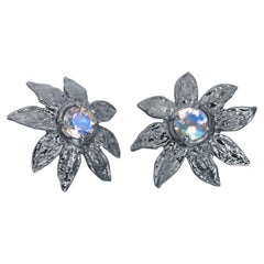 Sterling Silver Flower Stud Earrings with Moonstones with 14 Karat Gold Post