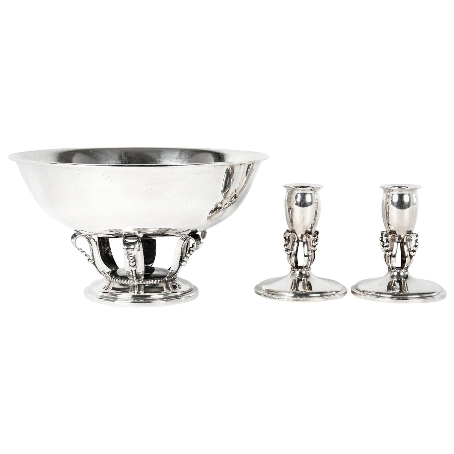 Sterling Silver Footed Center Piece Bowl / Two Candlesticks