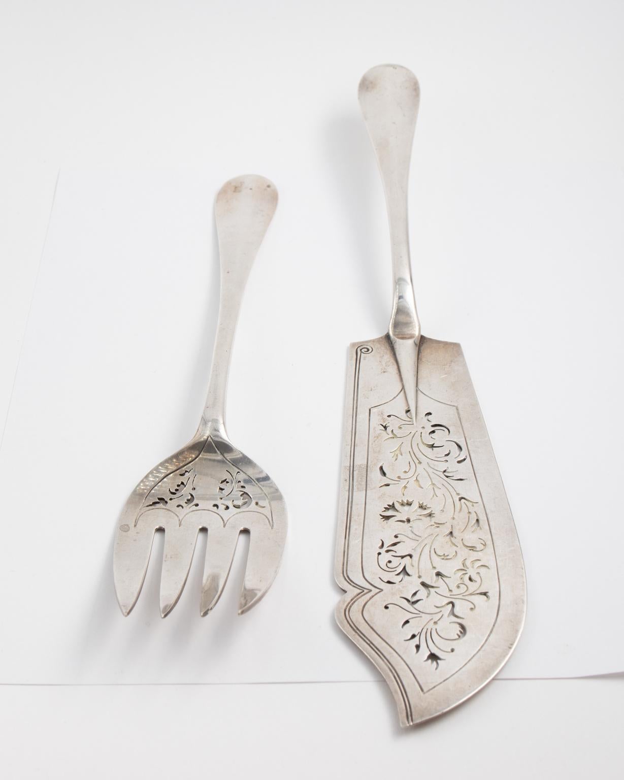 Etched Sterling Silver Fork and Knife Set, circa 1896