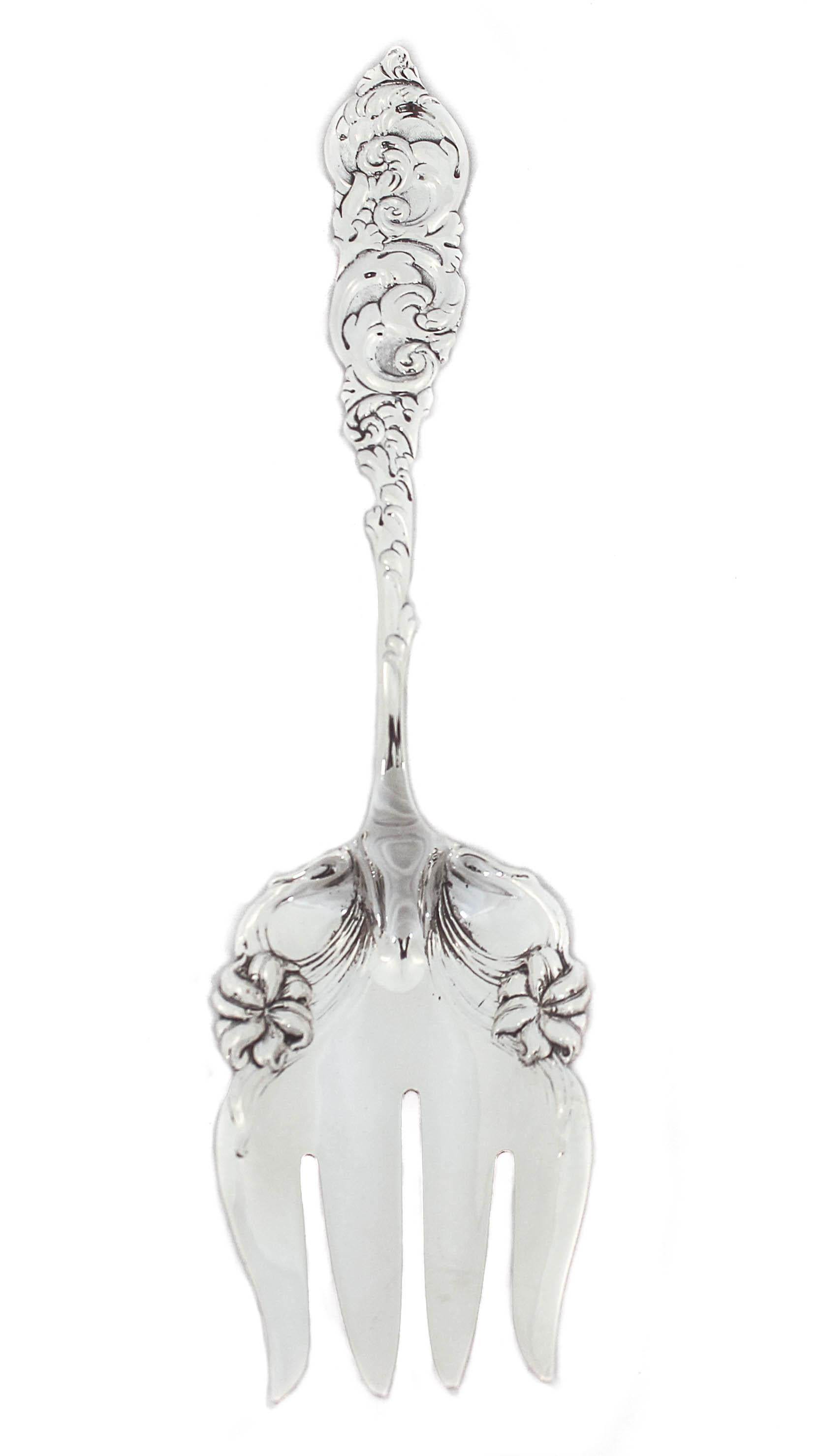 Being offered is a sterling silver fork and spoon set by Amston Silver. The pattern is “Gladstone” and it was first introduced in 1891. Notice the wide and elaborate detail in the handles, and the flowers on the sides of the bowl. Great serving