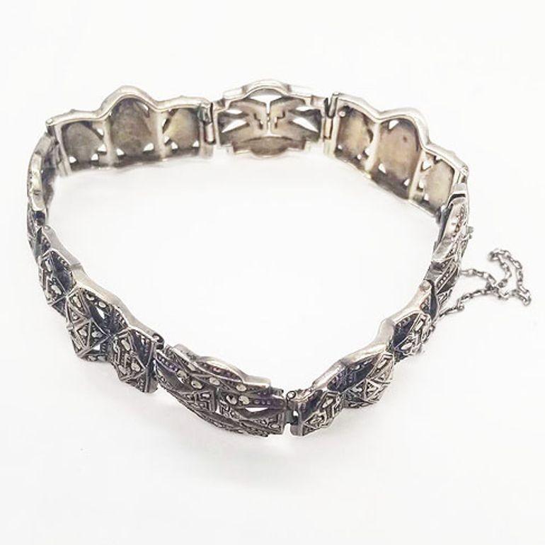 Sterling Silver French Paste Marcasite Jewelry Set, Brooch, Bracelet, Earrings For Sale 7