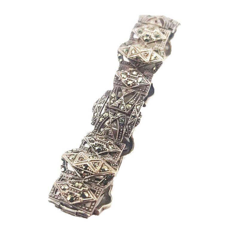 Sterling Silver French Paste Marcasite Jewelry Set, Brooch, Bracelet, Earrings For Sale 8