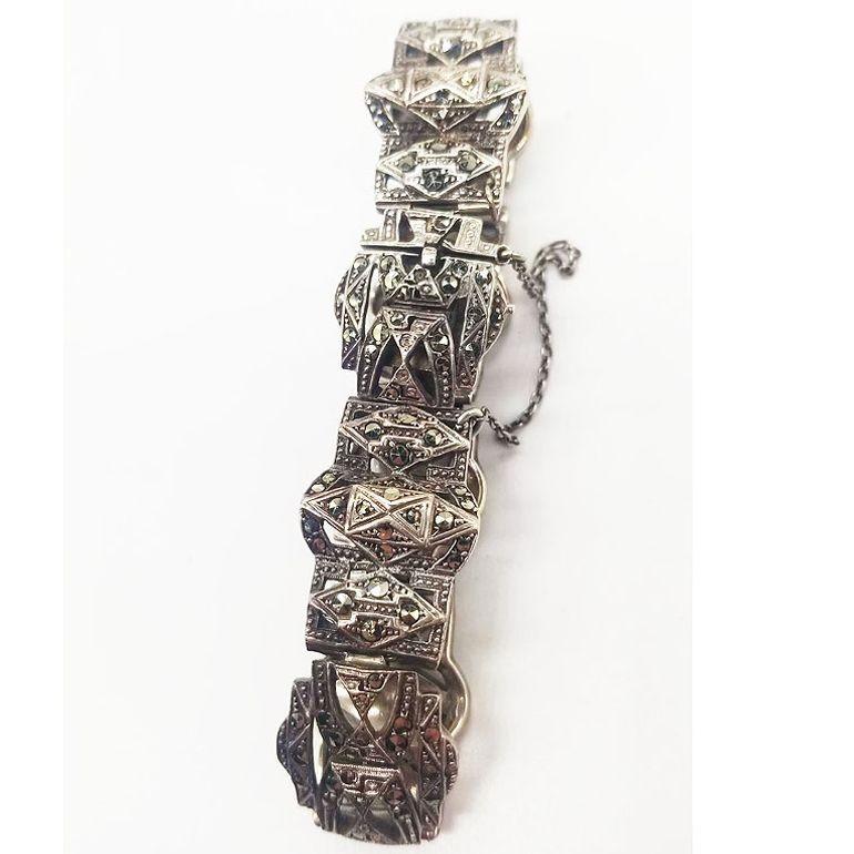 Sterling Silver French Paste Marcasite Jewelry Set, Brooch, Bracelet, Earrings For Sale 9