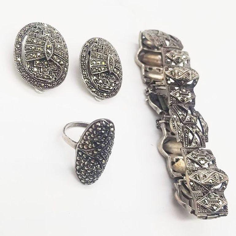 American Sterling Silver French Paste Marcasite Jewelry Set, Brooch, Bracelet, Earrings For Sale
