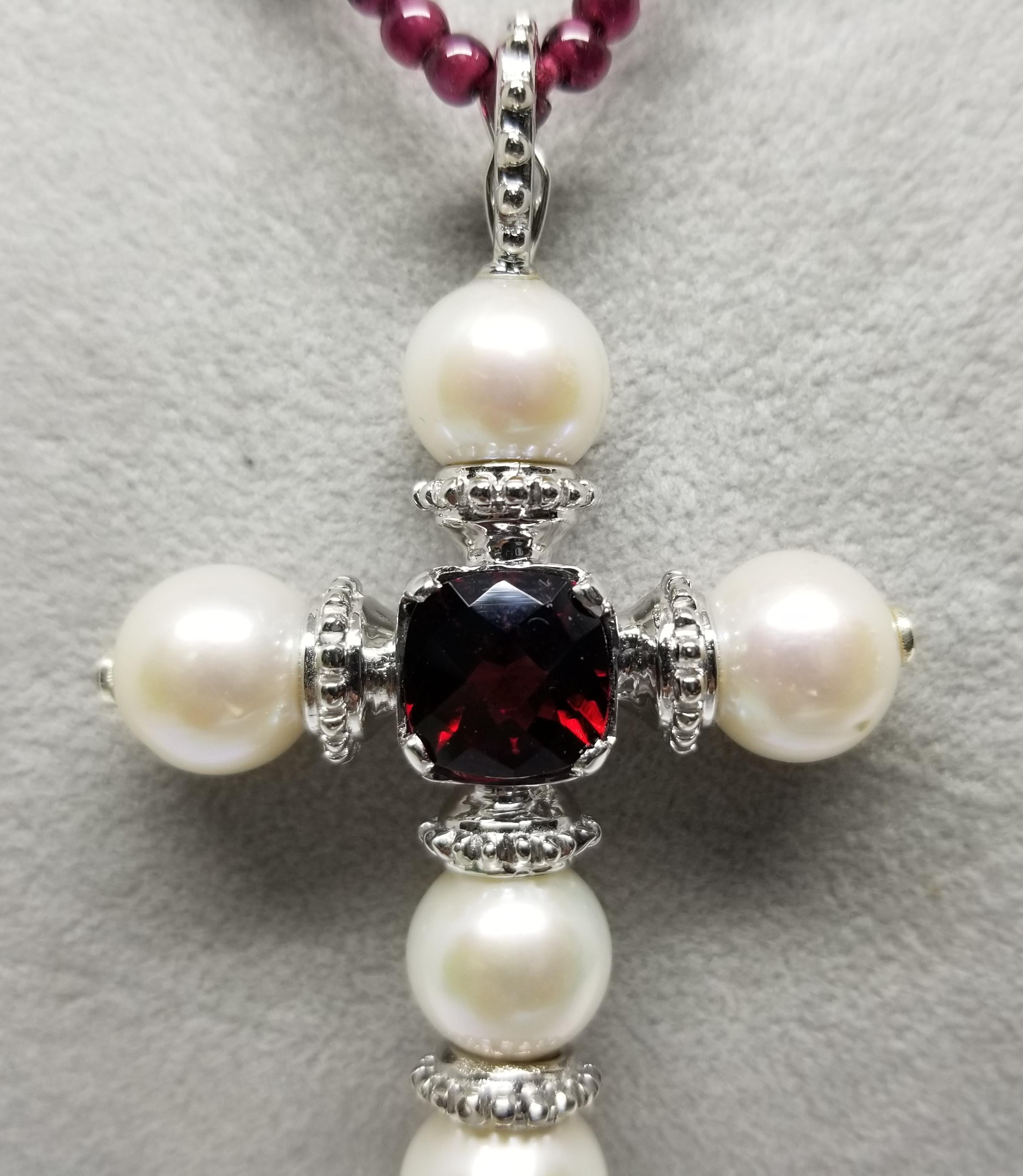 Cushion Cut Sterling Silver Fresh Water Pearl Cross with 5 Pearl Pendant
