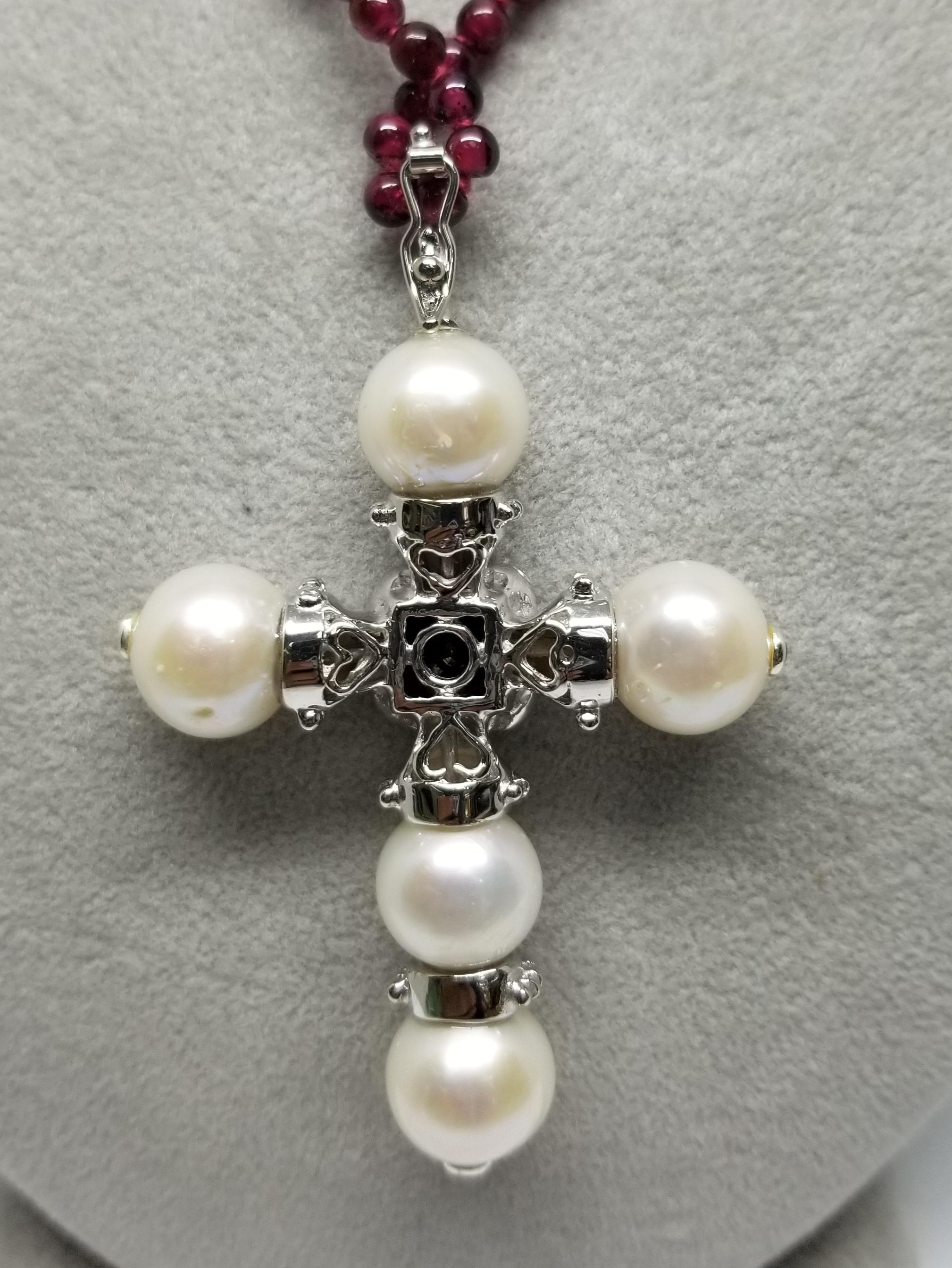 Women's or Men's Sterling Silver Fresh Water Pearl Cross with 5 Pearl Pendant