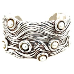 Sterling Silver Freshwater Pearl Wide Weave Cuff Bracelet