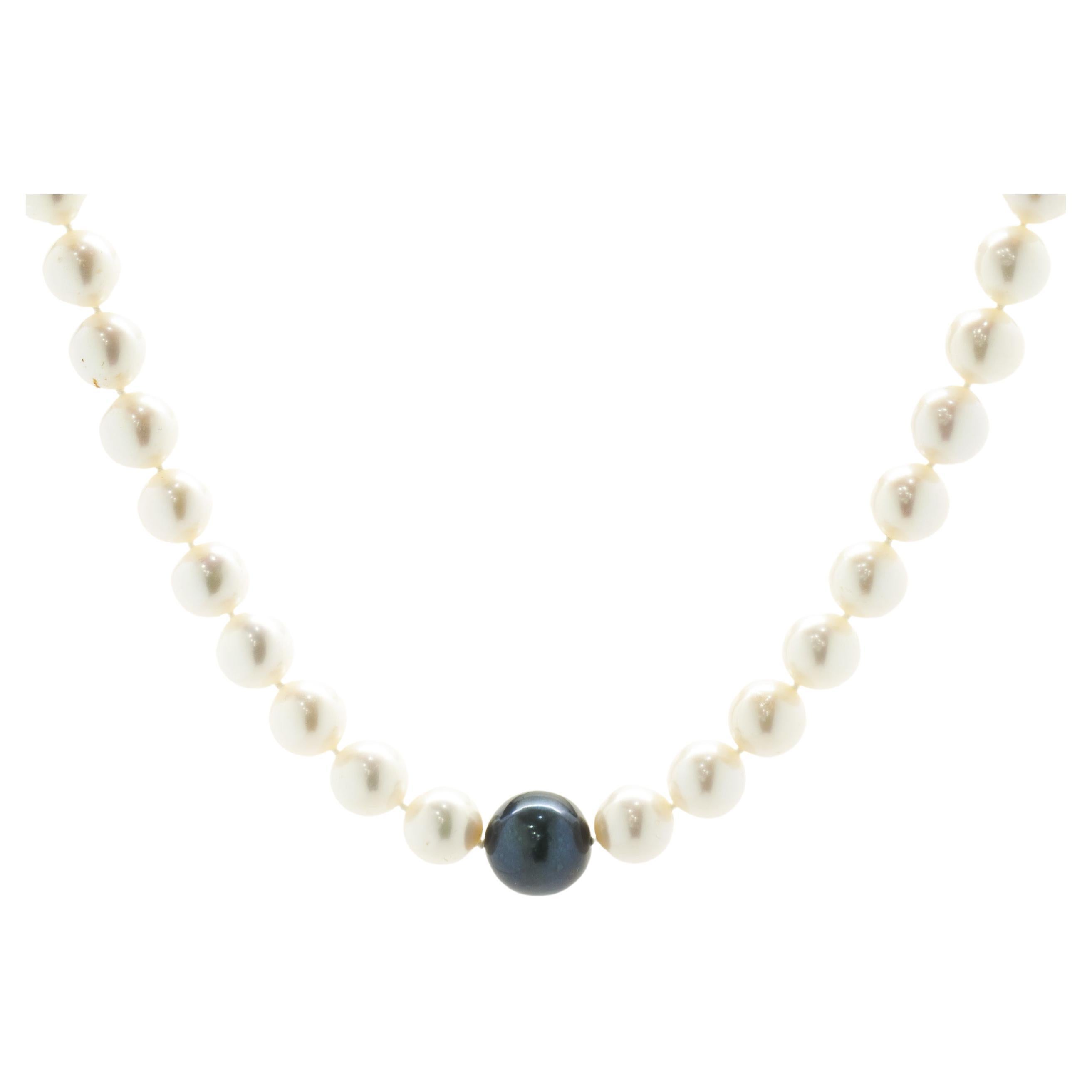 Sterling Silver Freshwater Pearl Necklace with Blue / Black Center