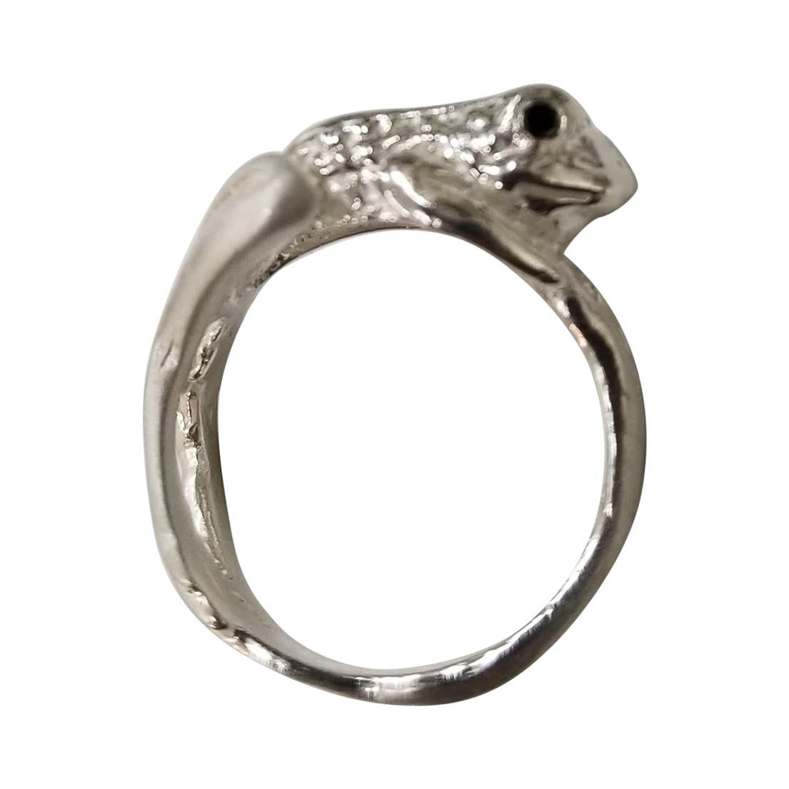 Sterling Silver "Frog" Ring with a Black Diamond Eyes For Sale