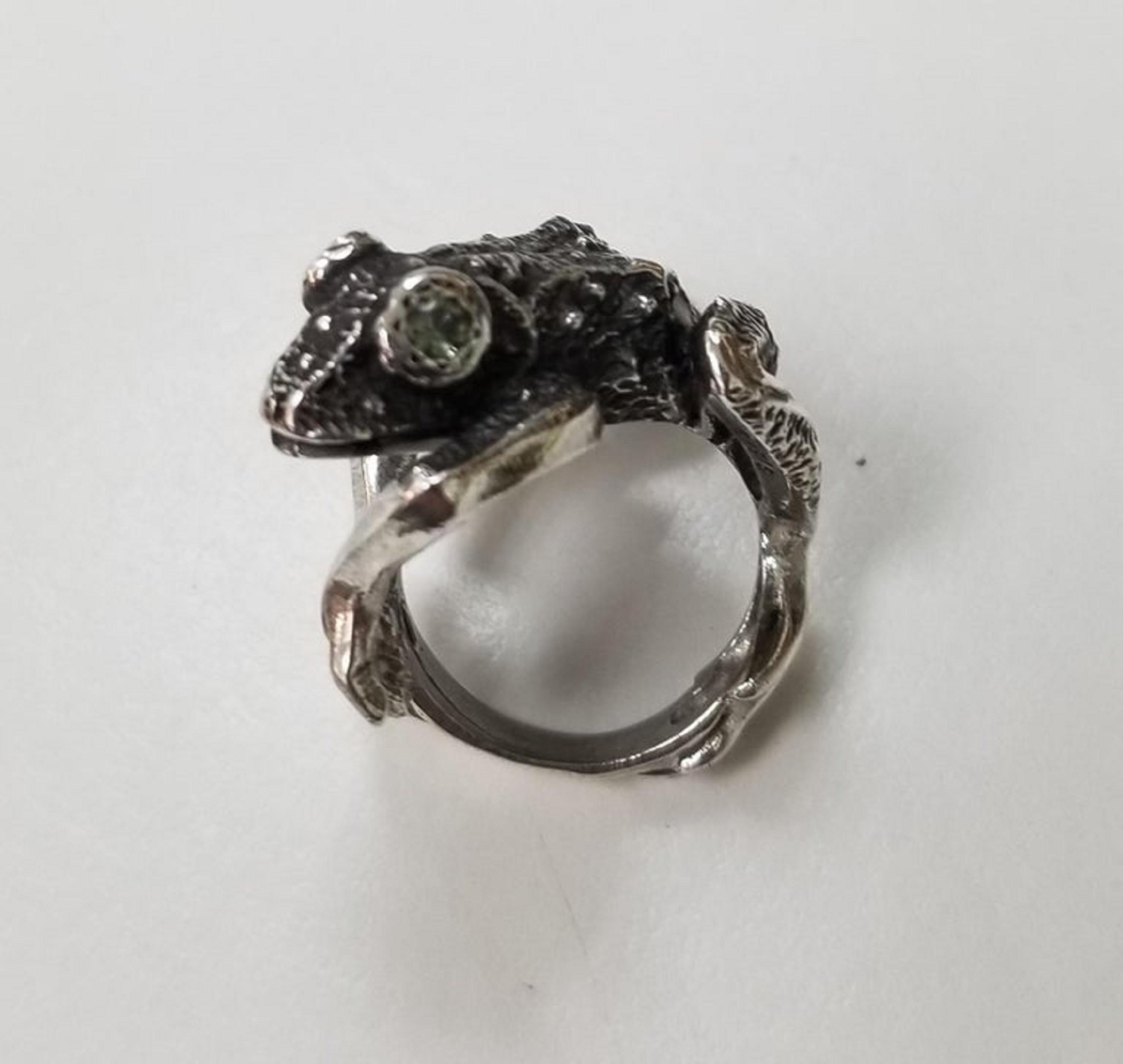 Artisan Sterling Silver Frog with Green Sapphire as Eyes Weighing .24pts For Sale