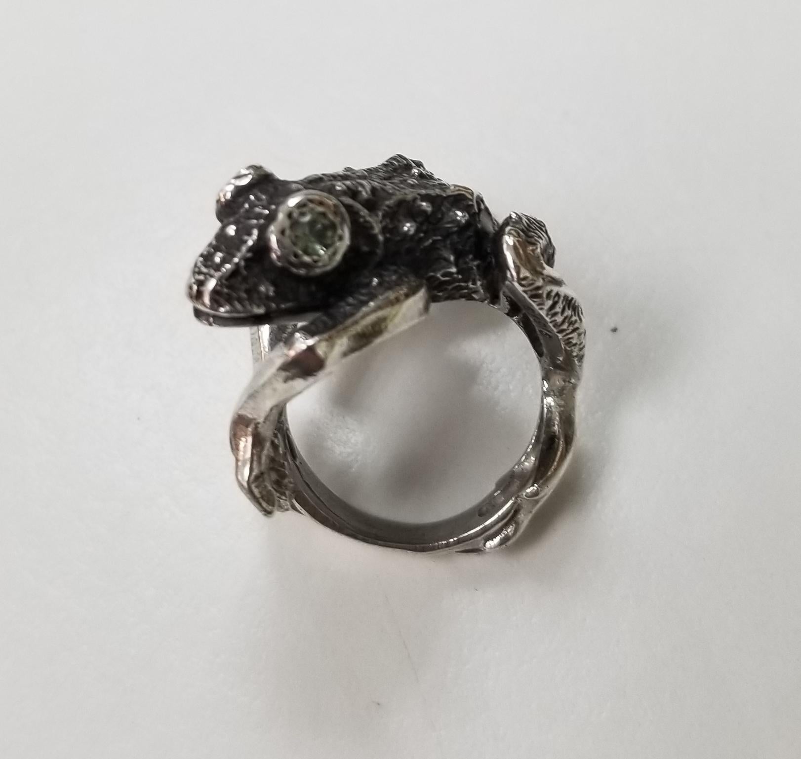 Artisan Sterling Silver Frog with Green Sapphire as Eyes Weighing .24pts