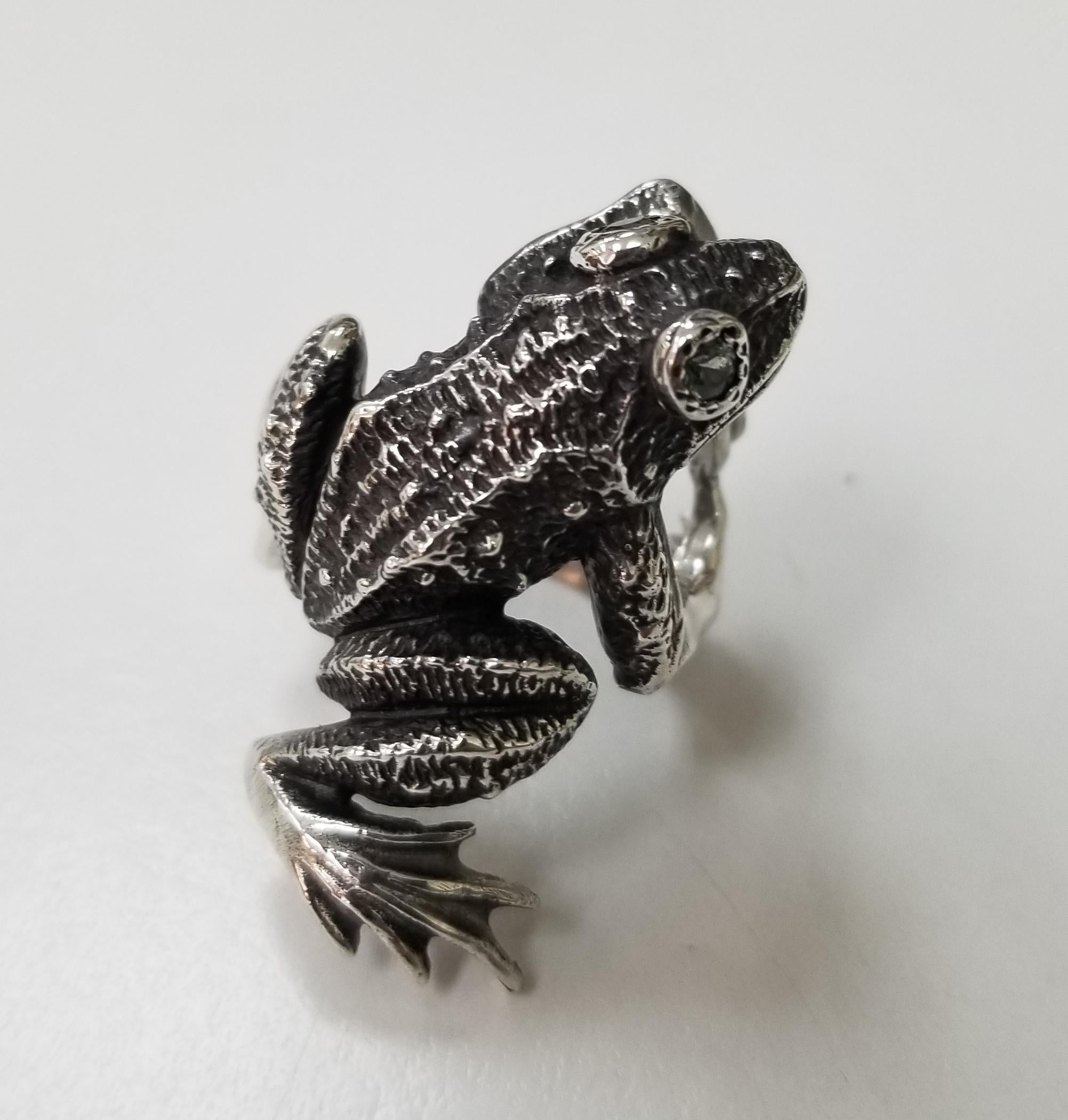 Round Cut Sterling Silver Frog with Green Sapphire as Eyes Weighing .24pts