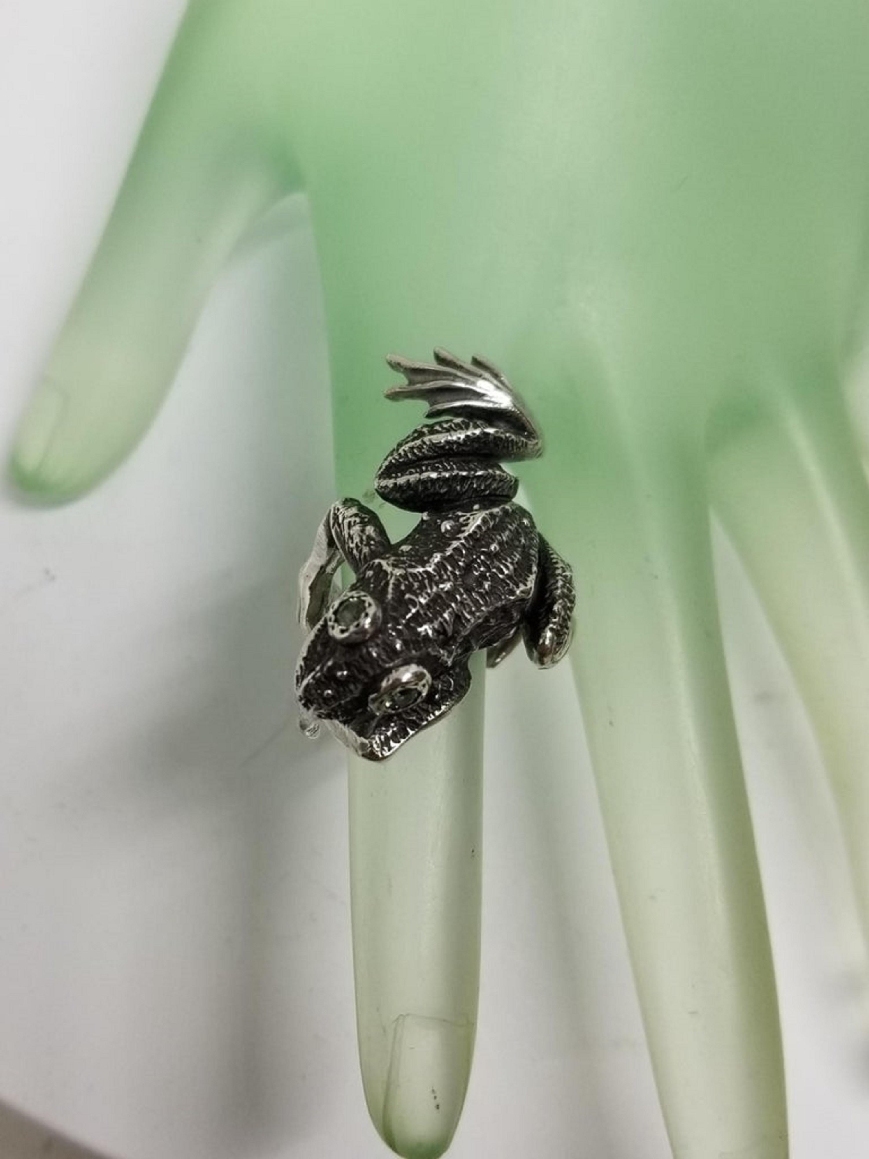 Women's or Men's Sterling Silver Frog with Green Sapphire as Eyes Weighing .24pts For Sale