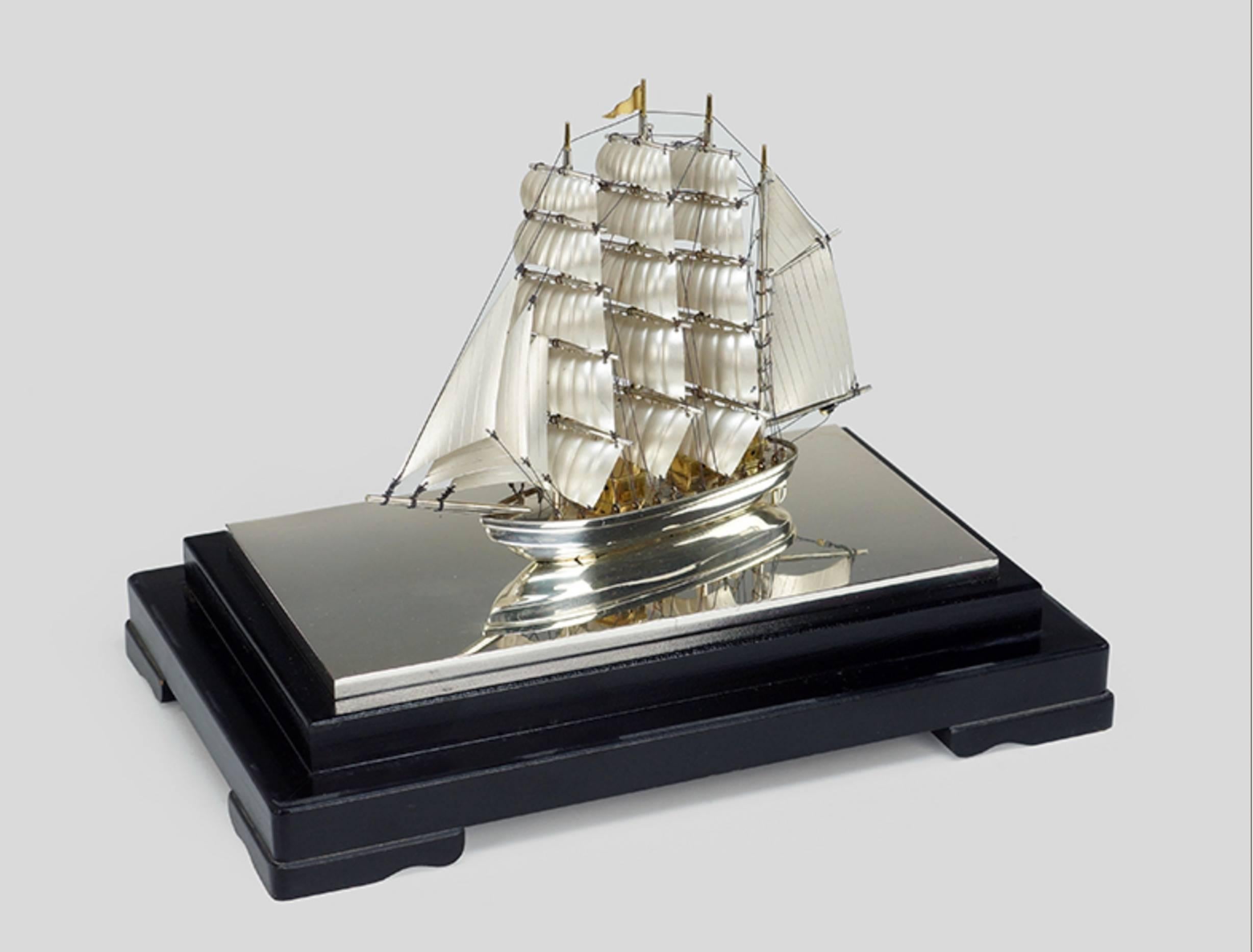 Three Sterling silver full mast ship in glass and ebonized and mahogany  wood case, great details and craftsmanship. Priced per ship. We also have numerous other nautical paintings and models, feel free to call or email with questions.