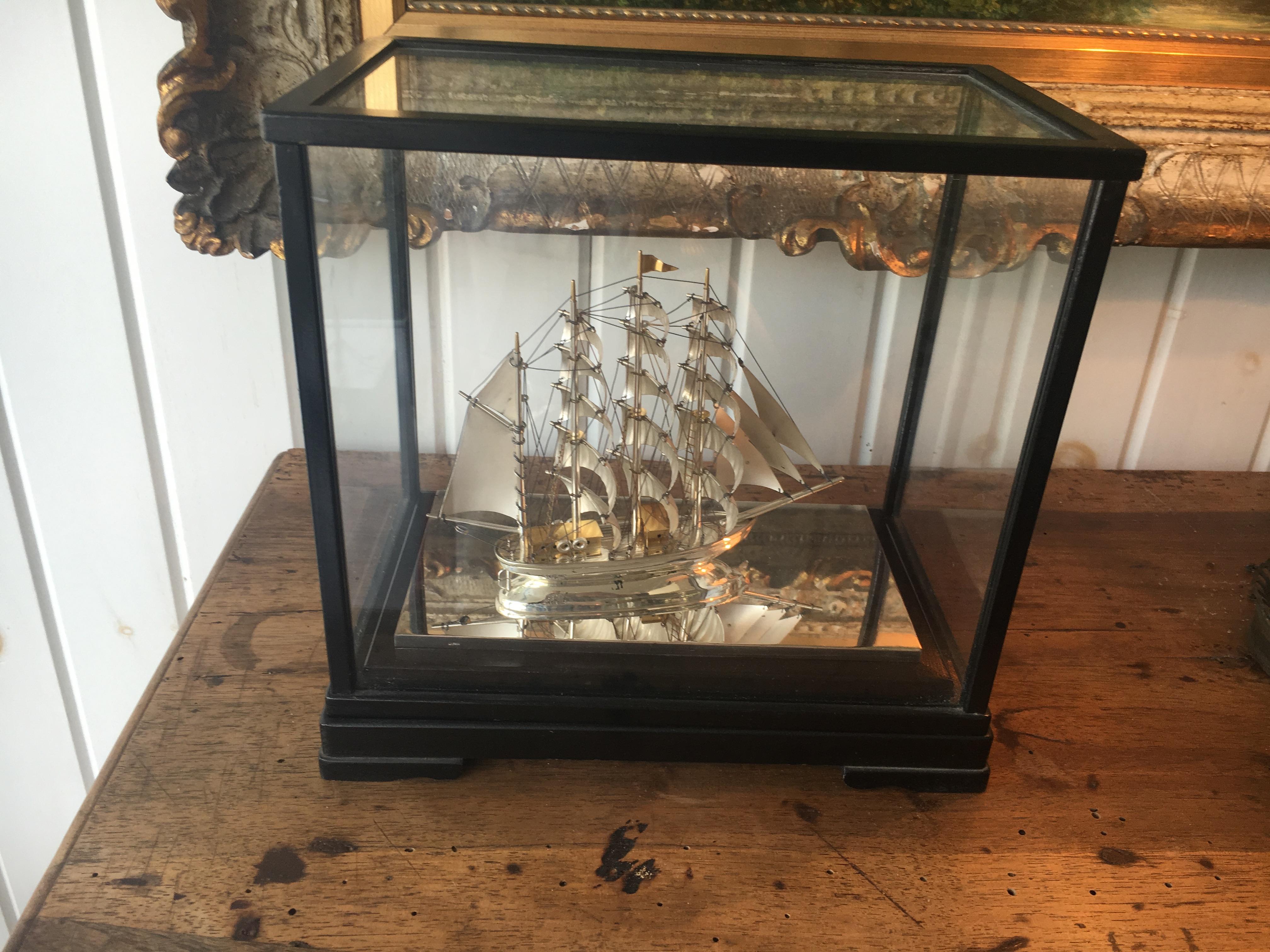 Georgian 3 Sterling Silver Full Mast Ships in Glass and Ebonized Wood Case Priced per s For Sale