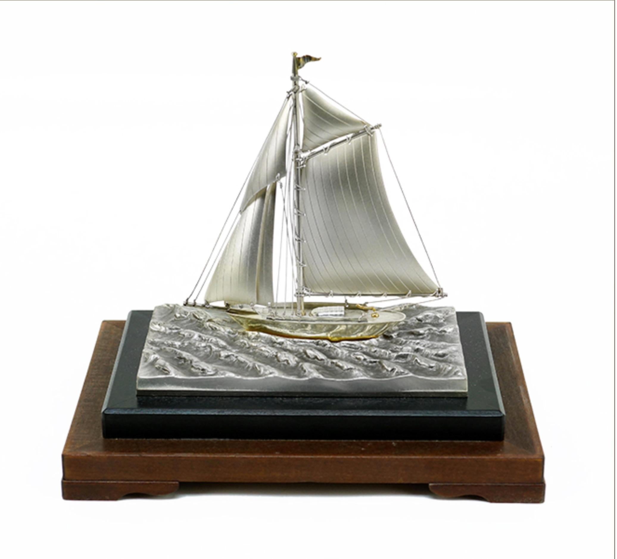 Georgian 3 Sterling Silver Full Mast Ships in Glass and Ebonized Wood Case Priced per s For Sale