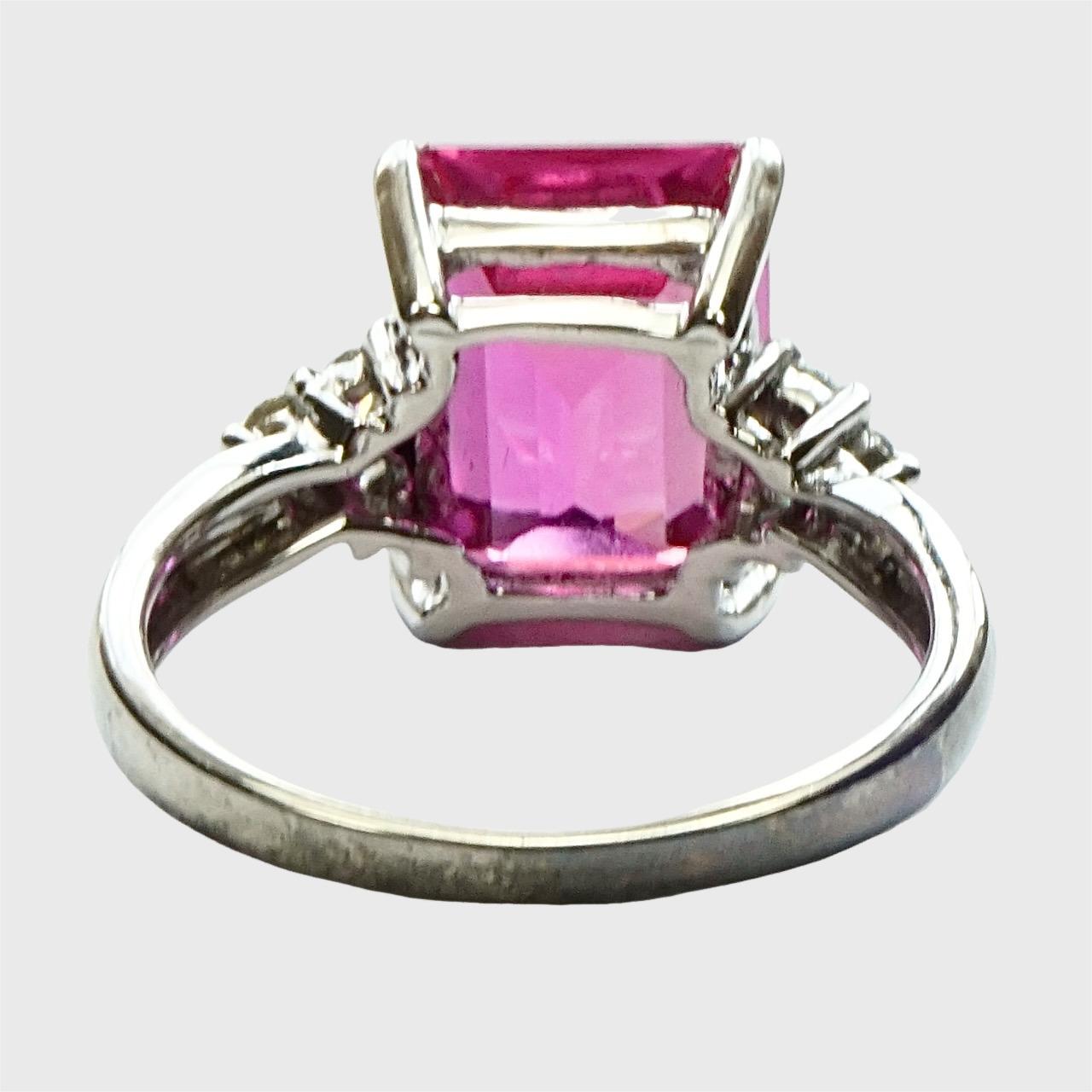 Emerald Cut Sterling Silver Fuschia Pink Topaz Dress Ring with Cubic Zirconias 1990s For Sale