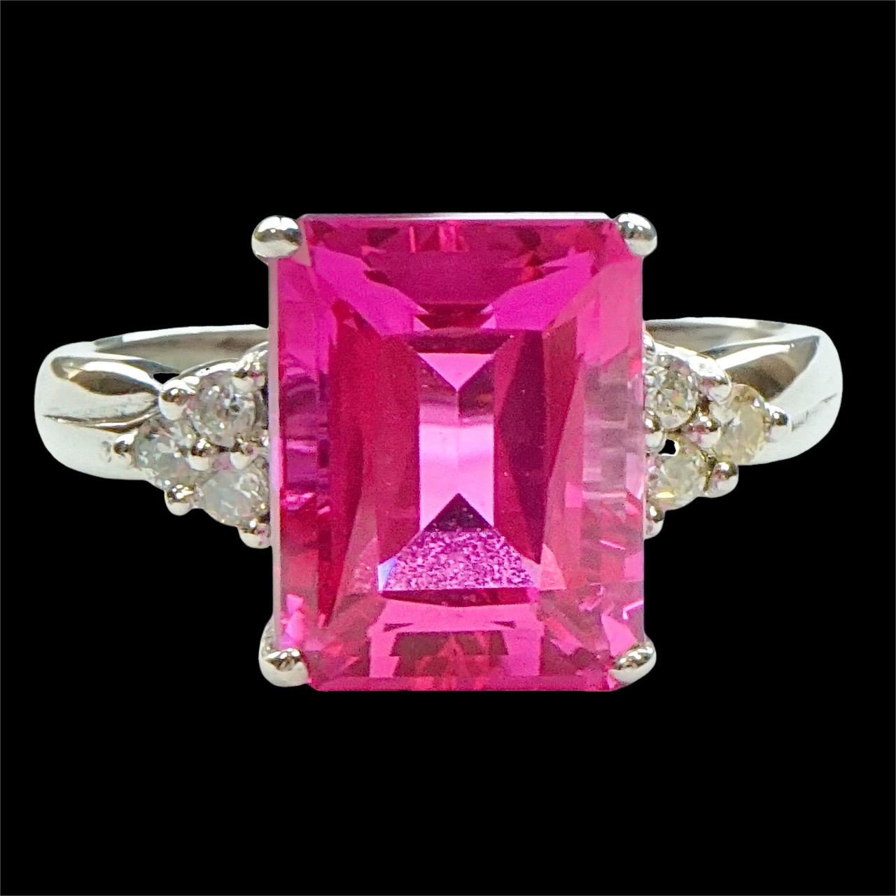 Women's or Men's Sterling Silver Fuschia Pink Topaz Dress Ring with Cubic Zirconias 1990s For Sale
