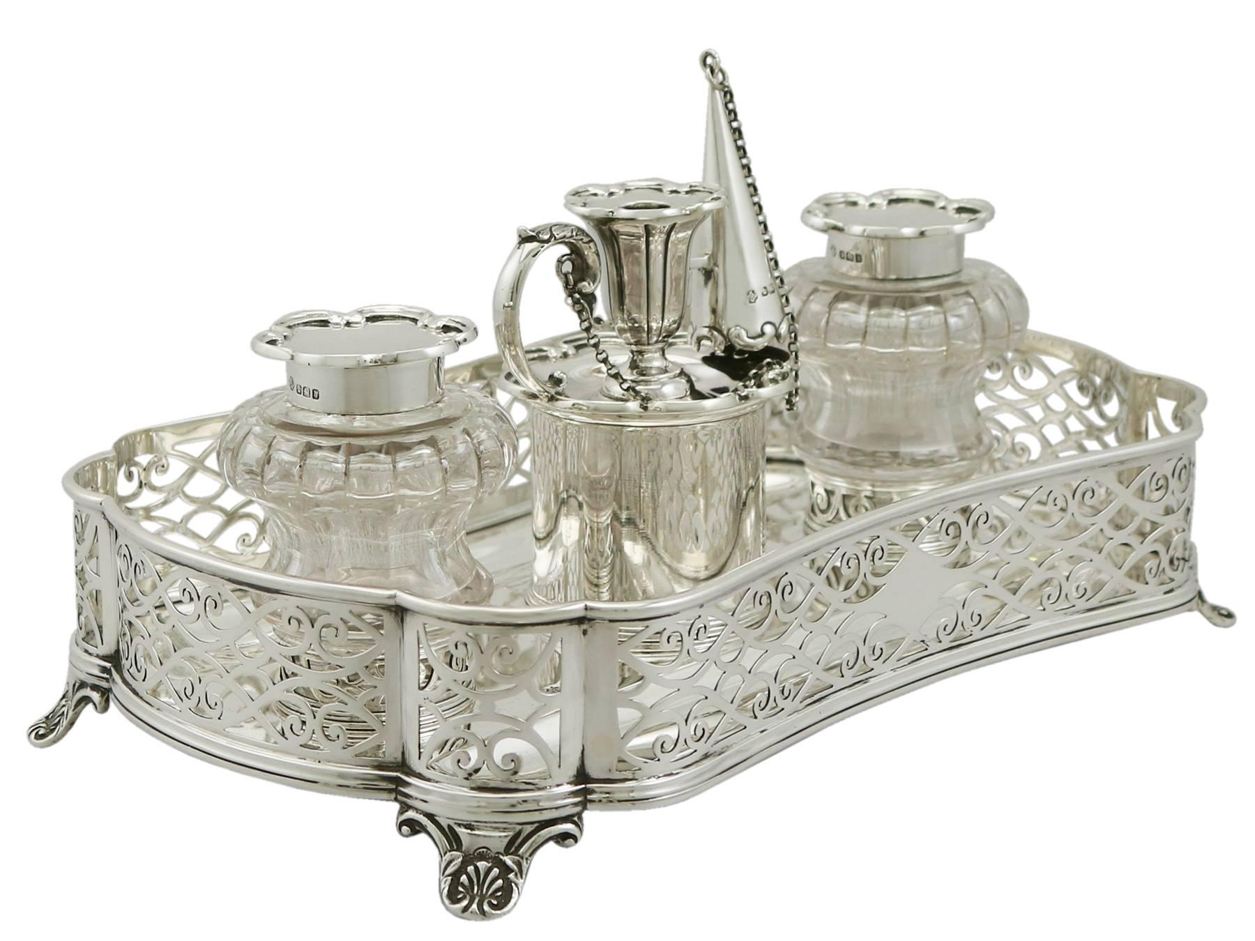 An exceptional, fine and impressive antique Victorian English sterling silver desk standish by William Hutton & Sons; an addition to our ornamental silverware collection

This exceptional antique Victorian sterling silver desk standish has a