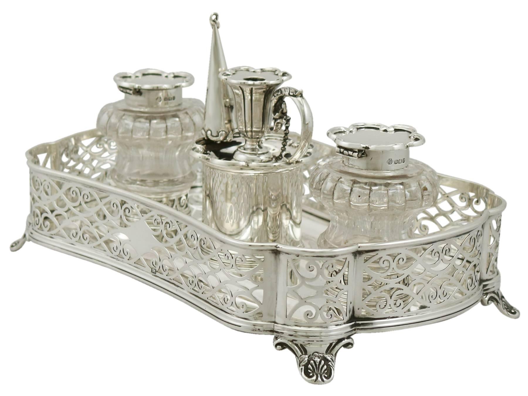 English Sterling Silver Gallery Inkstand by William Hutton & Sons, Antique Victorian