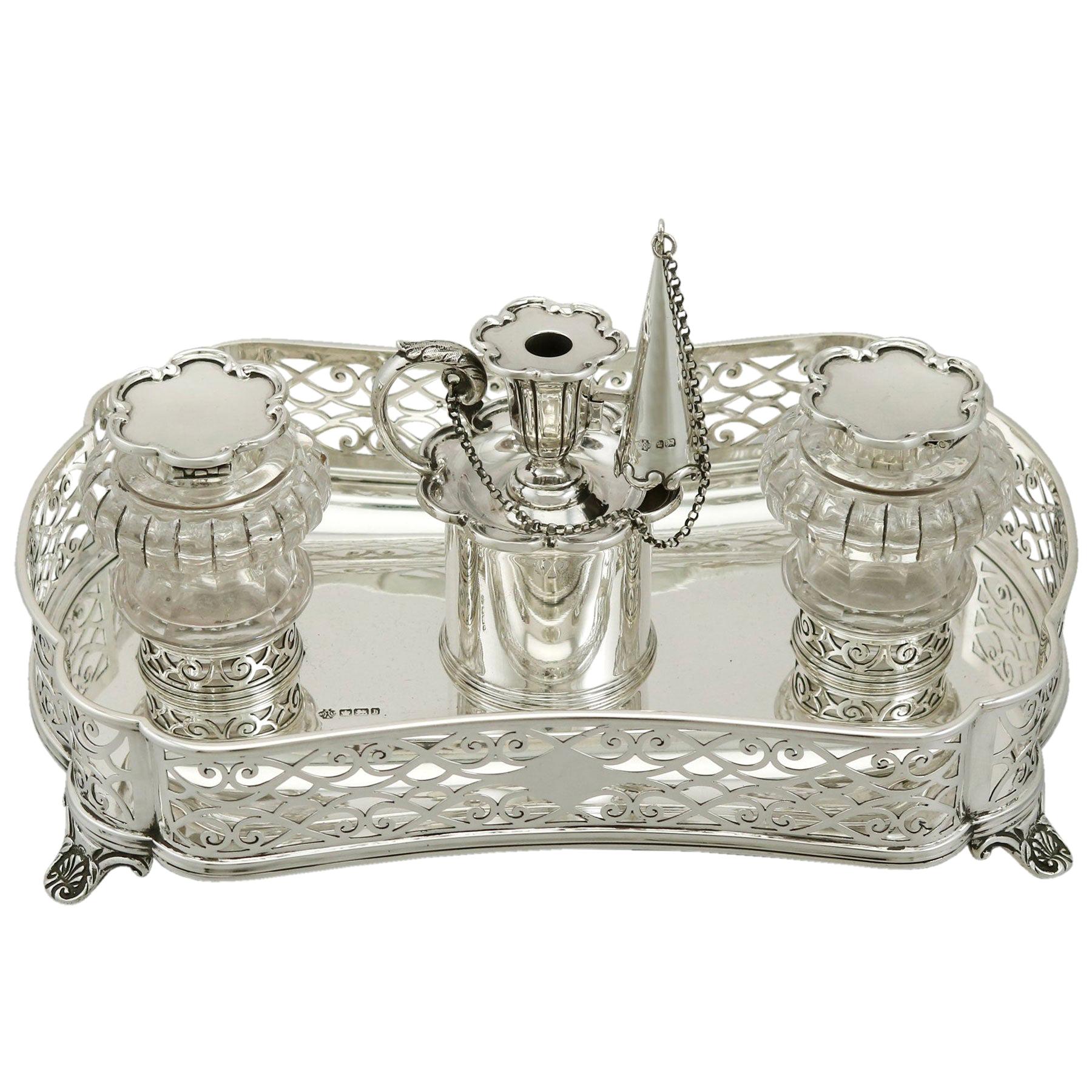 Sterling Silver Gallery Inkstand by William Hutton & Sons, Antique Victorian