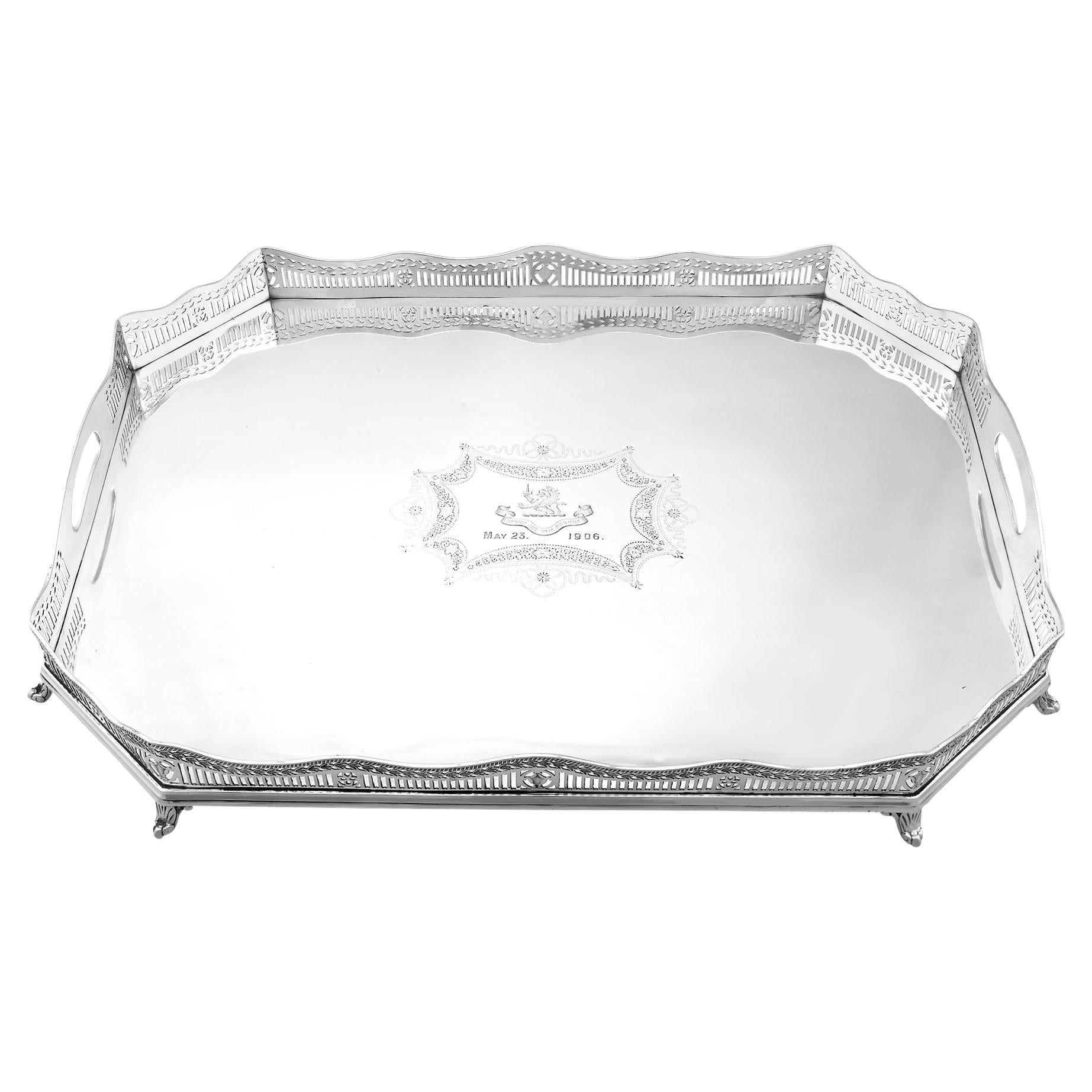 Sterling Silver Gallery Tea Tray - Antique Edwardian (1905) For Sale