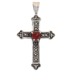 Sterling Silber Granat & Marcasite Budded Kreuz Anhänger - 925 Herz Faith Love