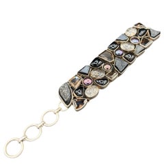 Pulsera de mosaico de plata de ley con cuarzo, ametrina y ónix de diseño orgánico