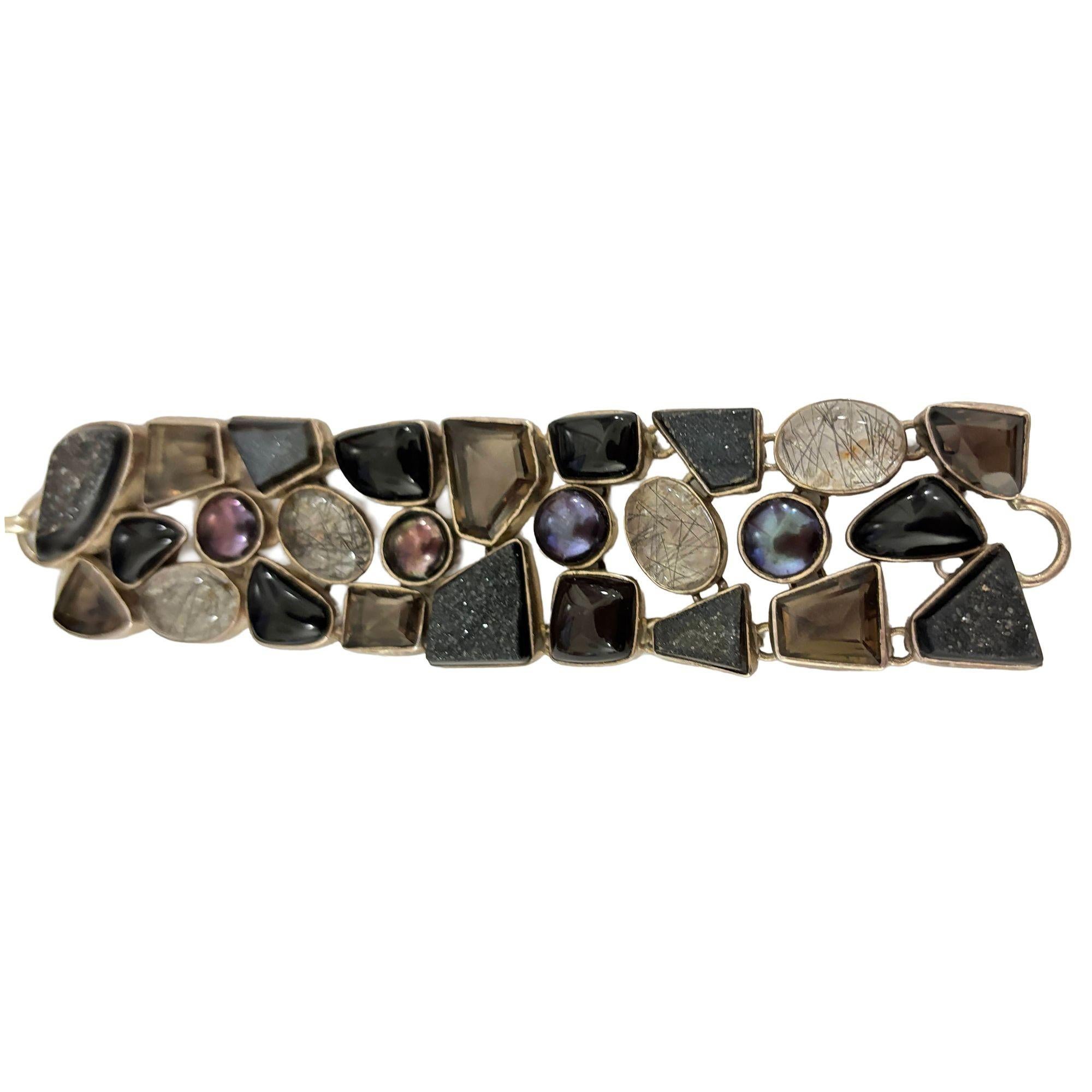 Sterling Silver Gem Necklace Bracelet Smoky Rutilated Quartz Set For Sale 1