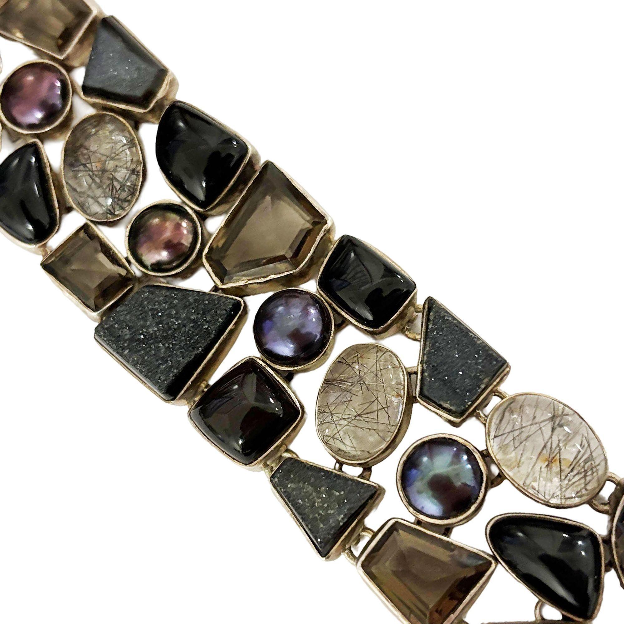 Sterling Silver Gem Necklace Bracelet Smoky Rutilated Quartz Set For Sale 2