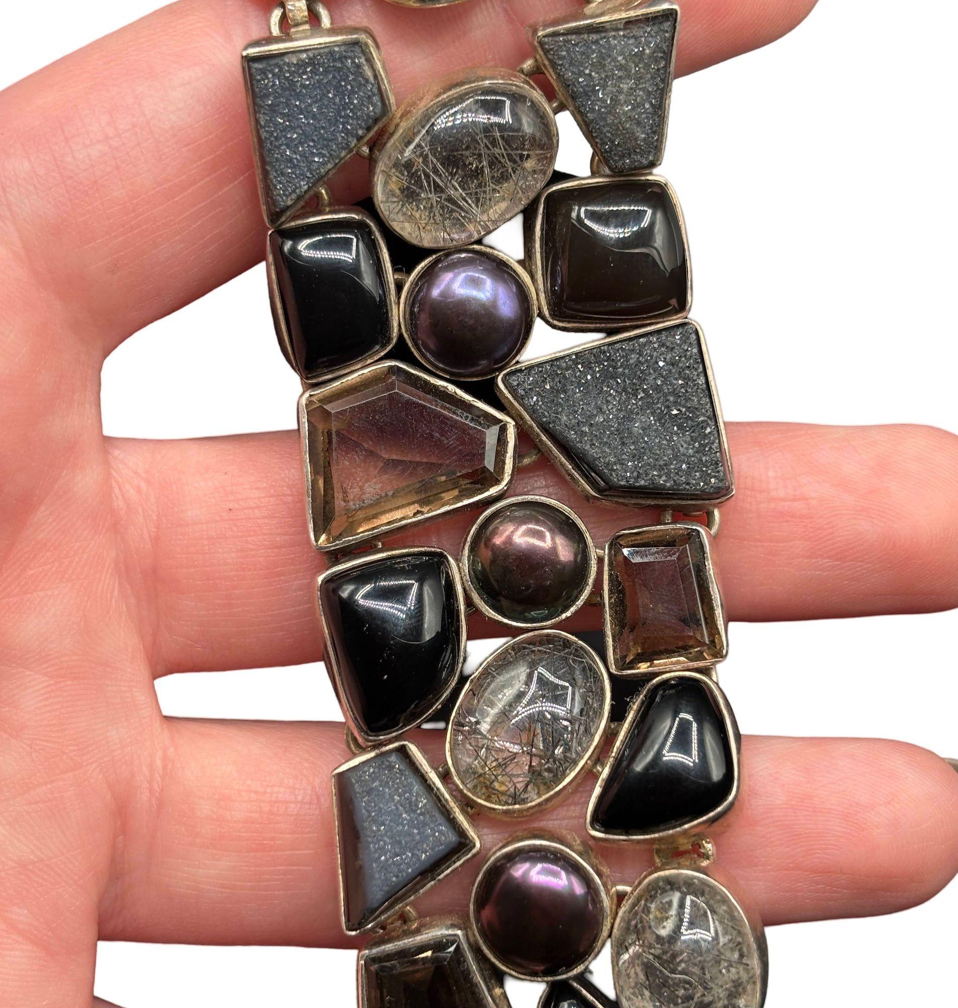 Sterling Silver Gem Necklace Bracelet Smoky Rutilated Quartz Set For Sale 3