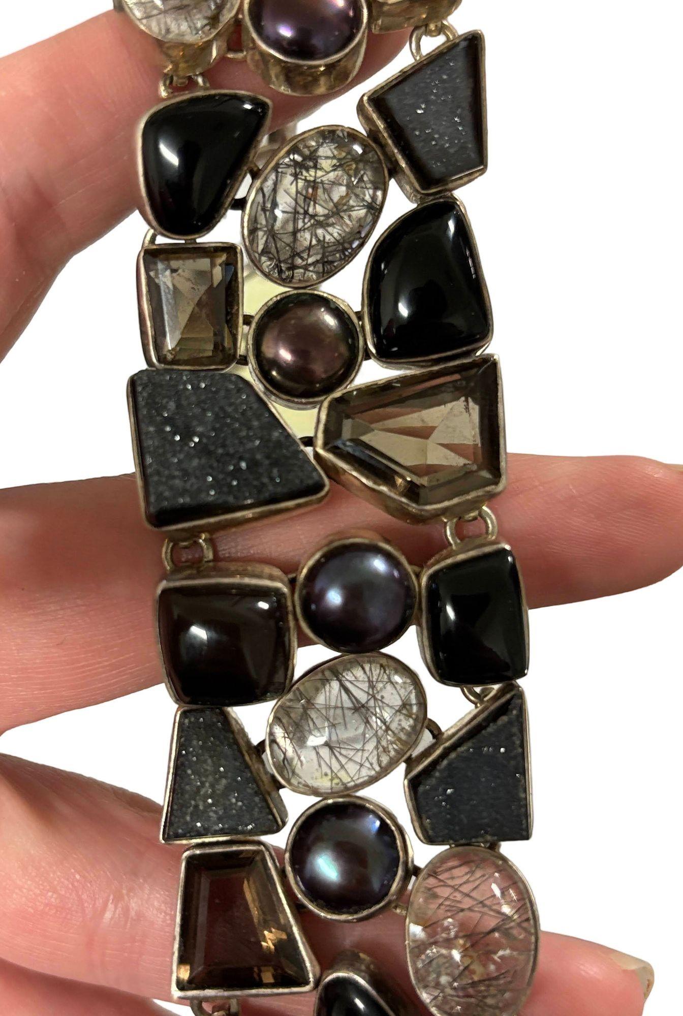 Sterling Silver Gem Necklace Bracelet Smoky Rutilated Quartz Set For Sale 4