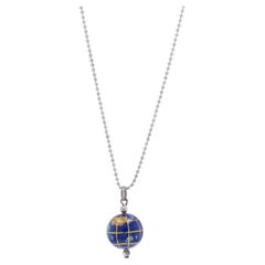 Used Sterling Silver Gemstone World Globe Pendant Necklace 19 1/2" - 925 Planet Earth