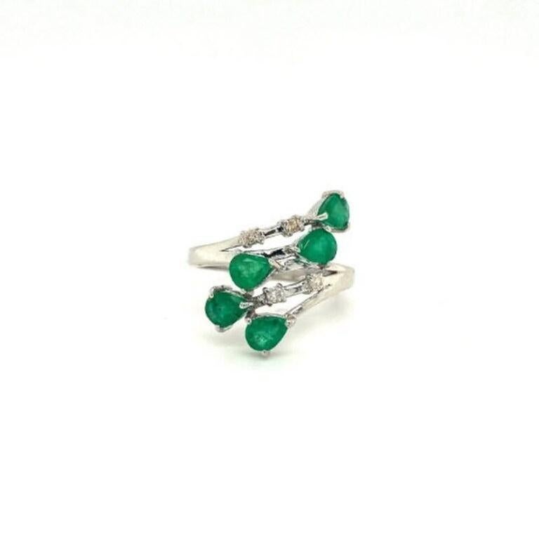 For Sale:  Sterling Silver Genuine Emerald By Pass Ring with Diamonds Gift for Wife 3