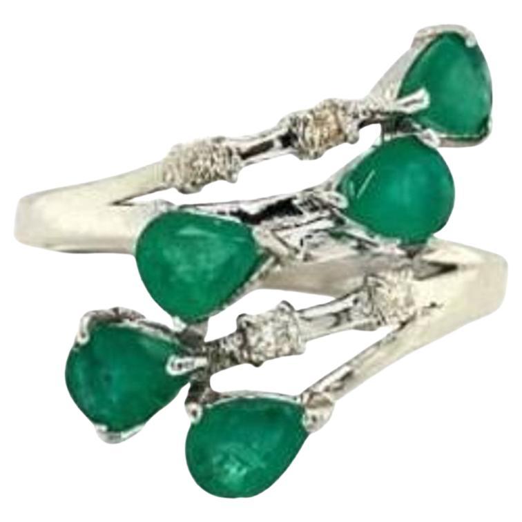 For Sale:  Sterling Silver Genuine Emerald By Pass Ring with Diamonds Gift for Wife