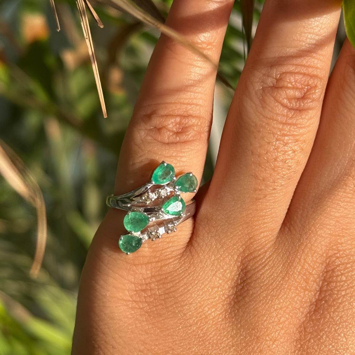 For Sale:  Sterling Silver Genuine Emerald By Pass Ring with Diamonds Gift for Wife 2
