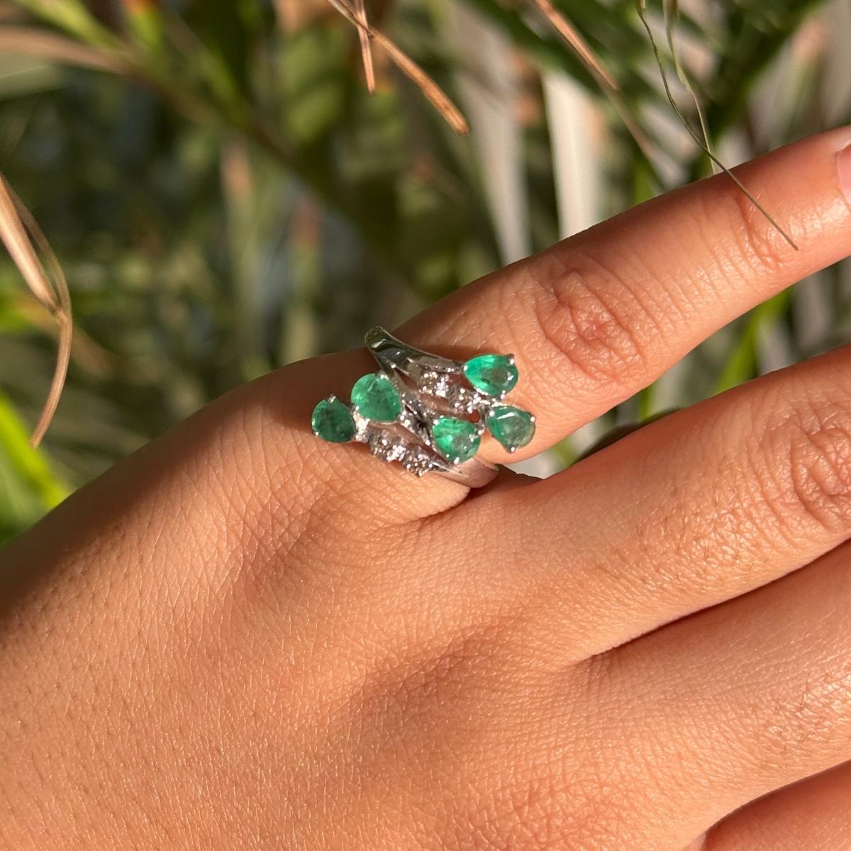 For Sale:  Sterling Silver Genuine Emerald By Pass Ring with Diamonds Gift for Wife 6