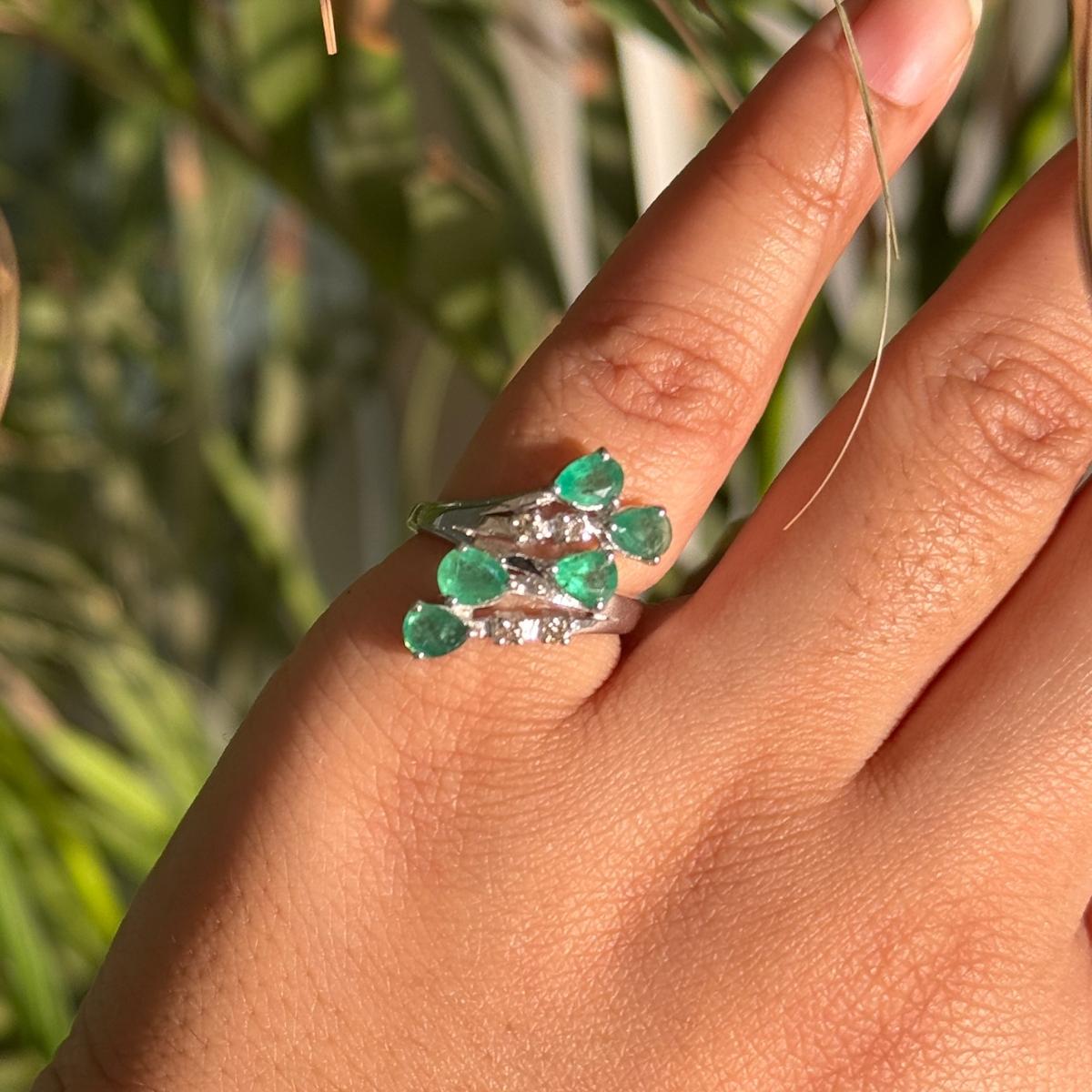 For Sale:  Sterling Silver Genuine Emerald By Pass Ring with Diamonds Gift for Wife 8