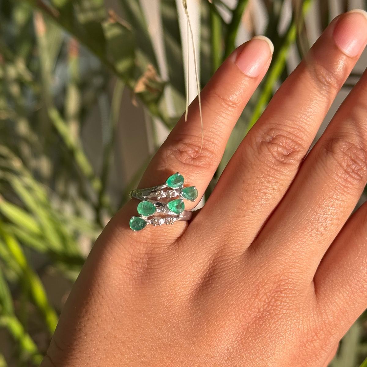 For Sale:  Sterling Silver Genuine Emerald By Pass Ring with Diamonds Gift for Wife 4